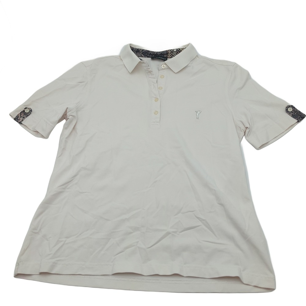 Golfino Womens Cream Polo Shirt Leopard Print Trim Short Sleeve Art 4231222 L
